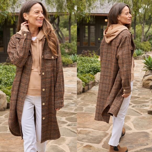 Frank & Eileen Gavin Plaid Shirt Jacket Wool Blend Brown Orange Size Small - Picture 1 of 15